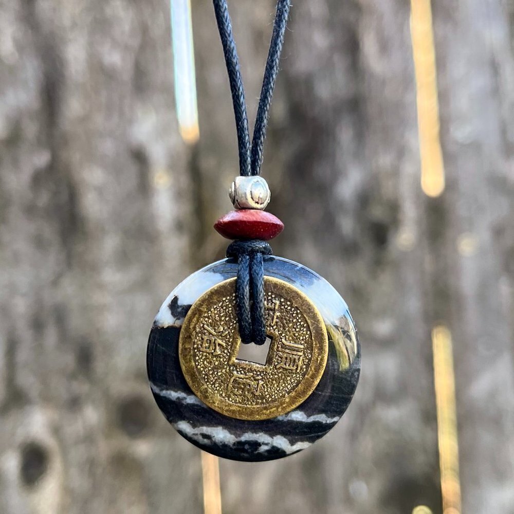 Zebra Jasper Necklace with Lucky Chinese Coin | Handmade